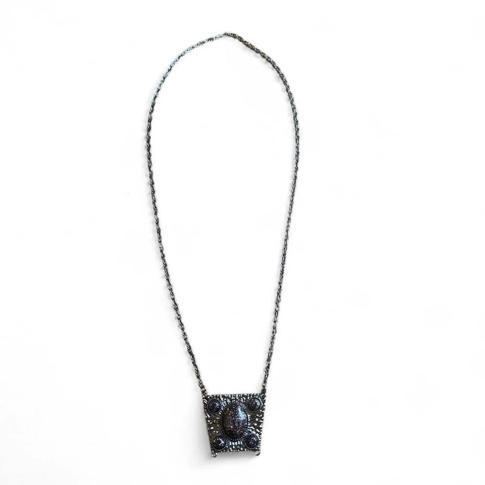 Vintage Inspired Gunmetal Filigree Statement Necklace with Sparkly Center Stone